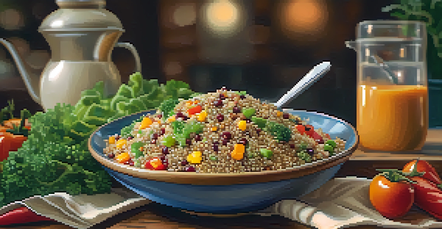A colorful quinoa bowl with fresh vegetables and dressing in a cozy café setting.