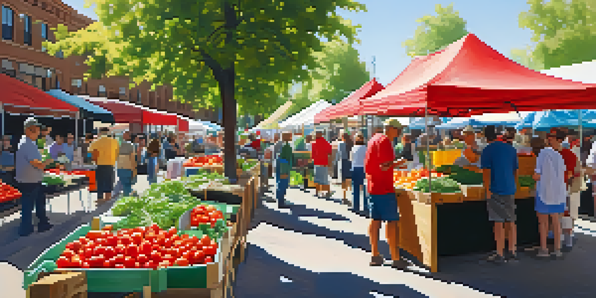 A lively farmers' market in Salt Lake City with colorful stalls filled with fresh produce, people interacting and enjoying the atmosphere.