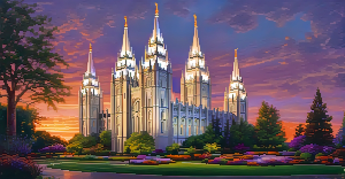 A panoramic view of the Salt Lake Temple at sunset, with six spires and a colorful sky, surrounded by gardens.