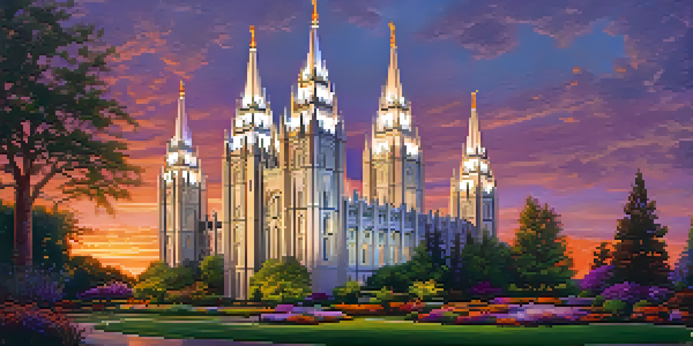 A panoramic view of the Salt Lake Temple at sunset, with six spires and a colorful sky, surrounded by gardens.