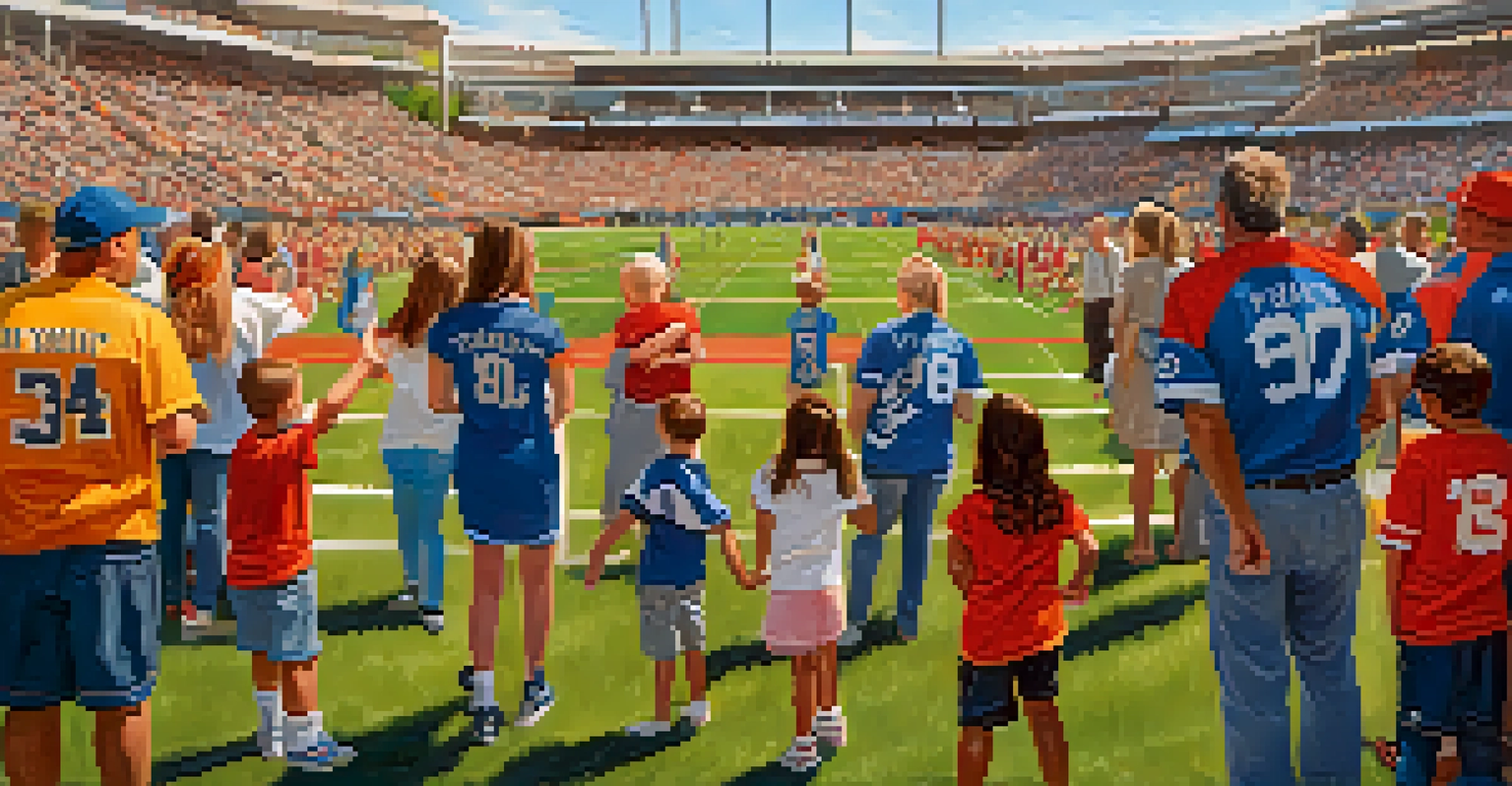 A joyful family cheerfully supporting their child at a youth sports game, surrounded by banners and flags, with a warm afternoon light illuminating their smiles.