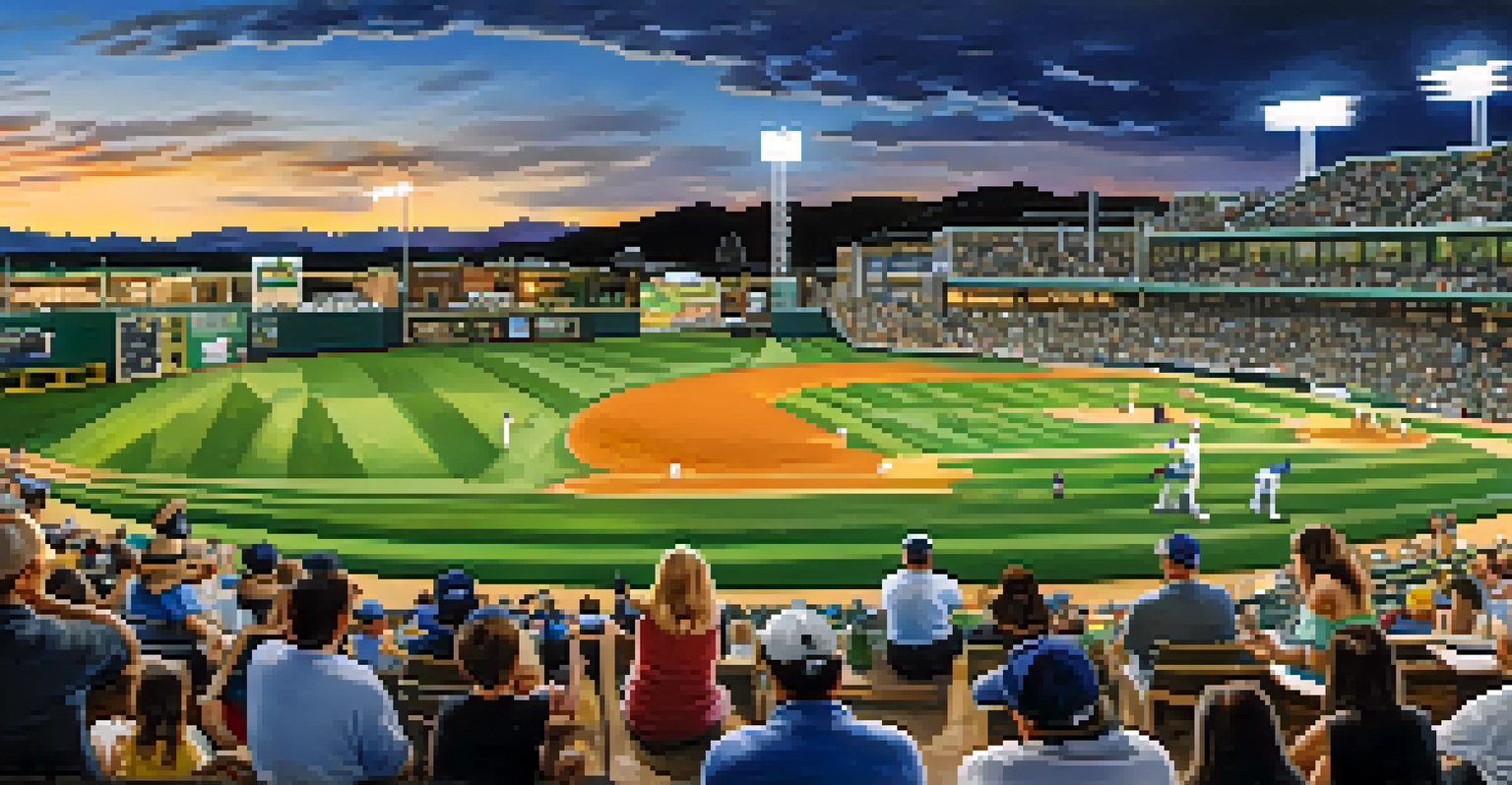 Families enjoying a summer evening at a baseball game in Smith's Ballpark, with children playing and food vendors visible.