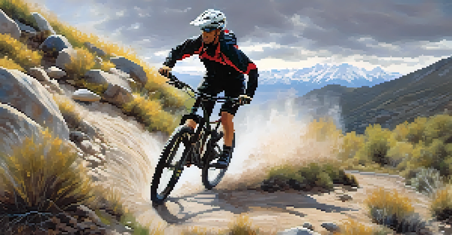 A mountain biker riding on a rocky trail with mountains in the background, showcasing excitement and adventure in outdoor sports.