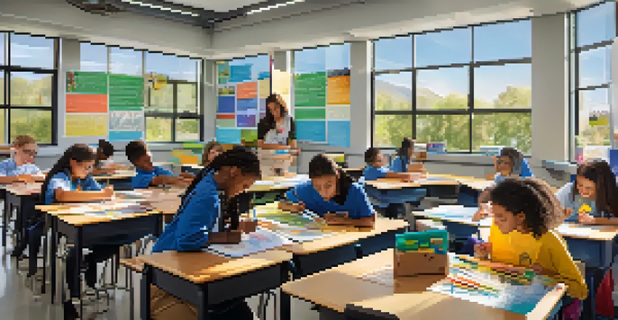 A lively classroom with diverse students engaged in STEM activities, filled with colorful educational posters and bright sunlight.