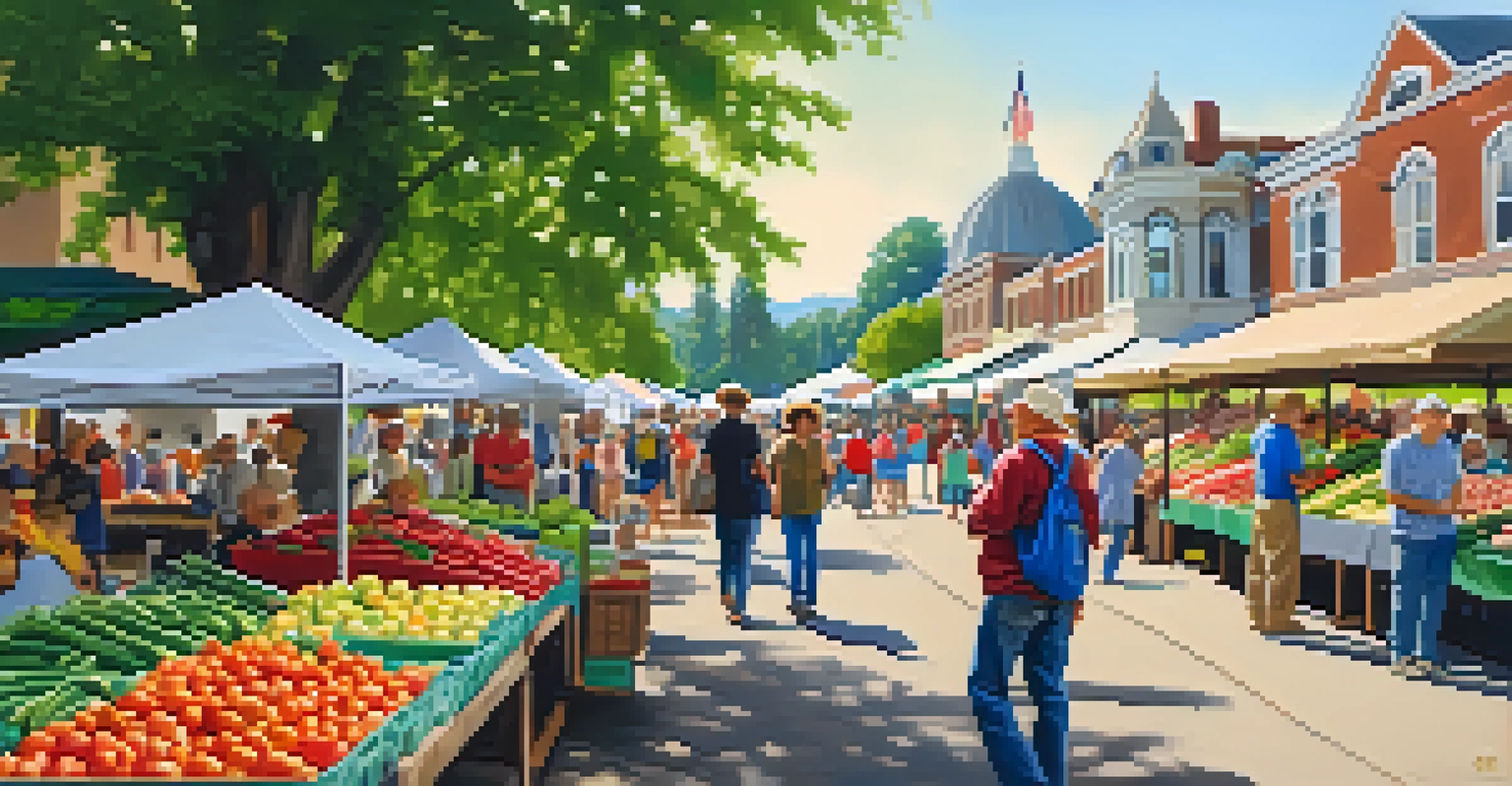 A bustling farmers' market in Pioneer Park, featuring colorful stalls and families enjoying the event amidst historical monuments.