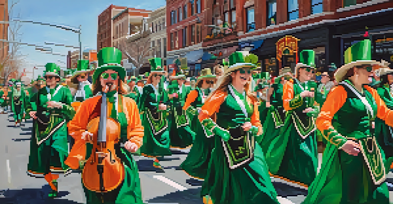 A festive St. Patrick's Day Parade with colorful floats and a crowd dressed in green, celebrating Irish culture in the streets of Salt Lake City.