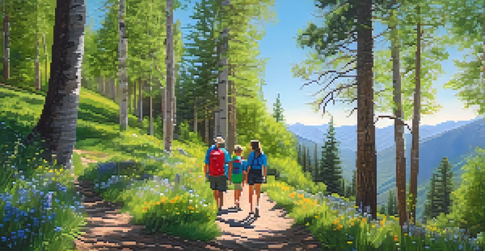 A family of four hiking on a scenic trail surrounded by greenery and wildflowers, with mountains in the background.
