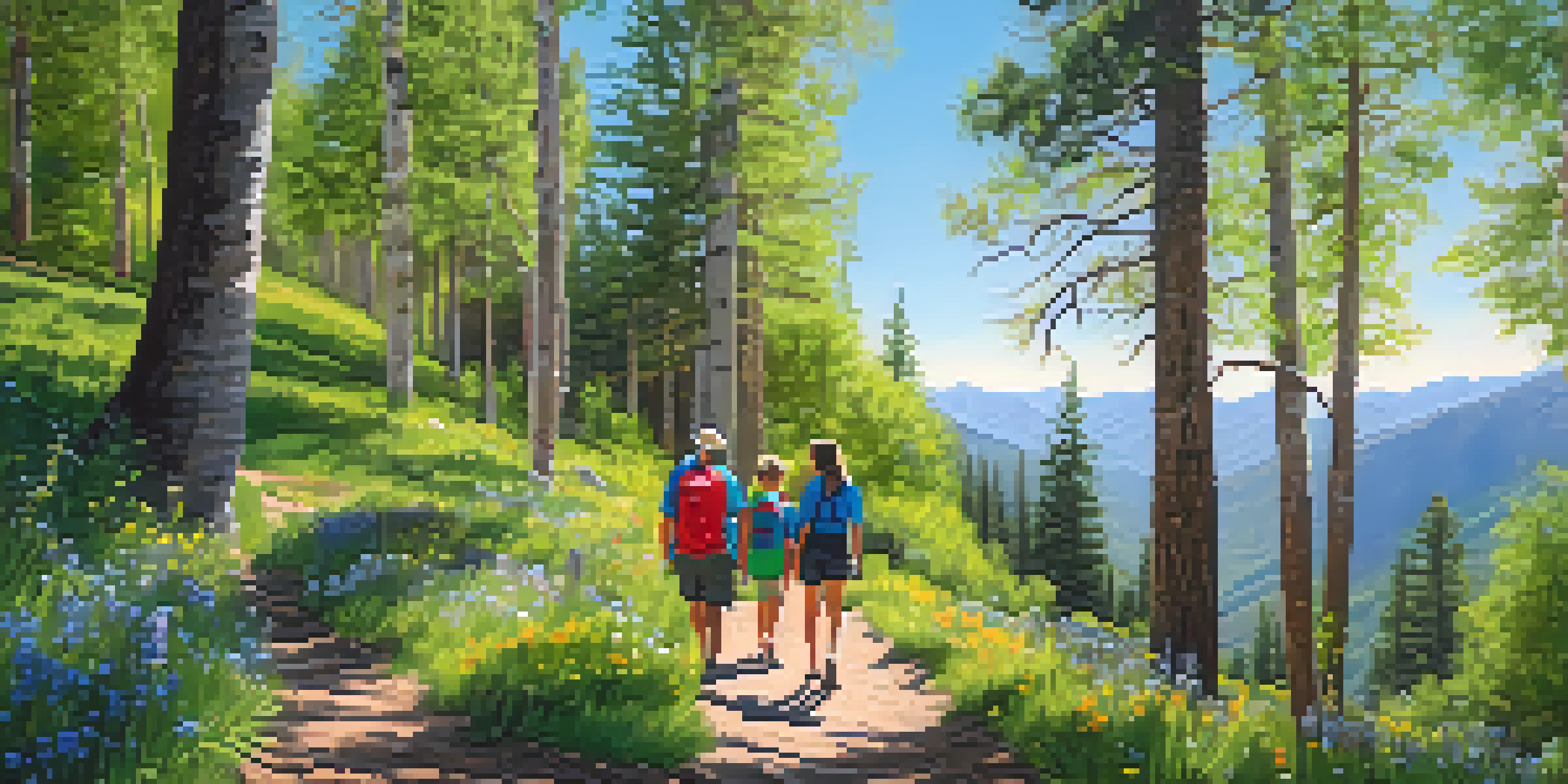 A family of four hiking on a scenic trail surrounded by greenery and wildflowers, with mountains in the background.
