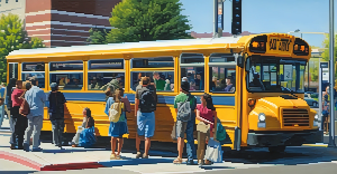 A busy bus stop in Salt Lake City with various people waiting, showcasing the city's vibrant life and mountain backdrop.