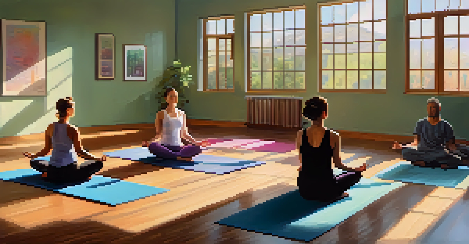A diverse group of people practicing yoga in a sunlit studio with colorful mats and a calm atmosphere.