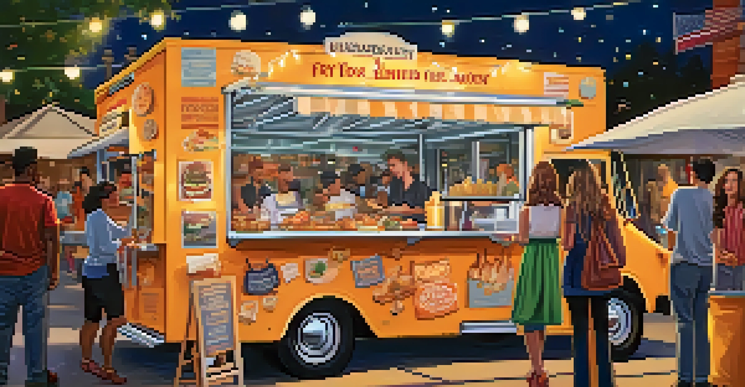 A vibrant food truck named 'Fry Me to the Moon' showcasing a variety of fried food dishes at a busy festival.