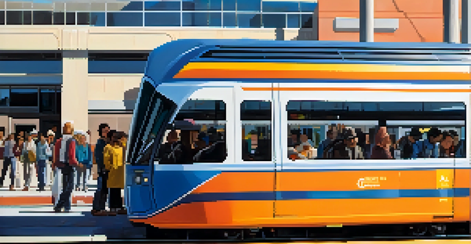 A busy TRAX Light Rail station with diverse commuters waiting for the train, modern architecture, and bright sunlight filtering through the glass roof.