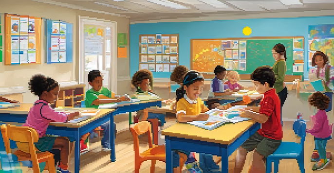 A vibrant classroom with children of different backgrounds working together, illustrating inclusivity in education.