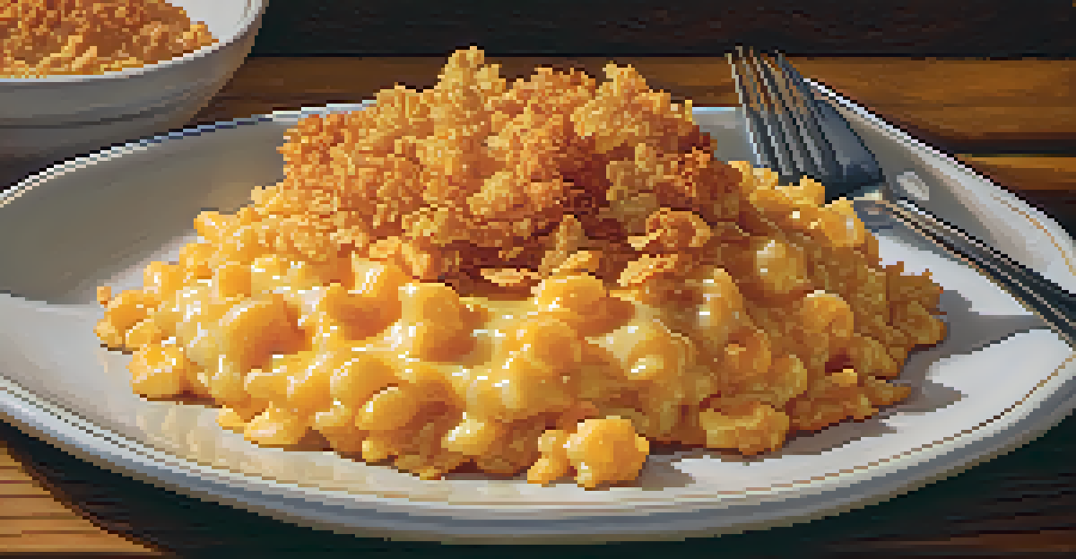 A plate of cheesy funeral potatoes with crispy topping and a side of fry sauce, on a rustic wooden table.