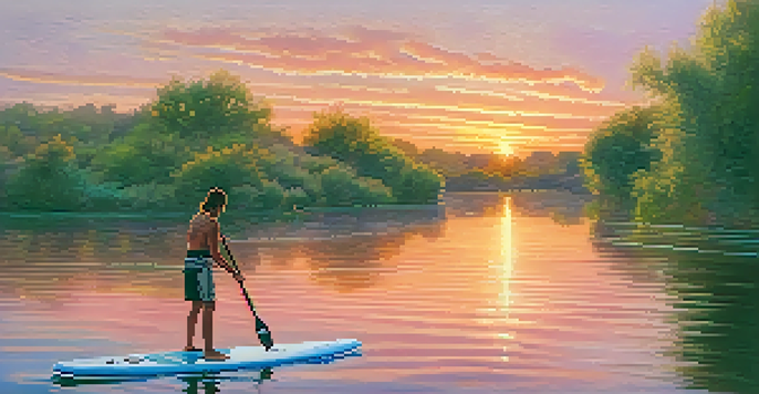 A person paddleboarding on the calm waters of the Jordan River at sunset, surrounded by greenery and a colorful sky.