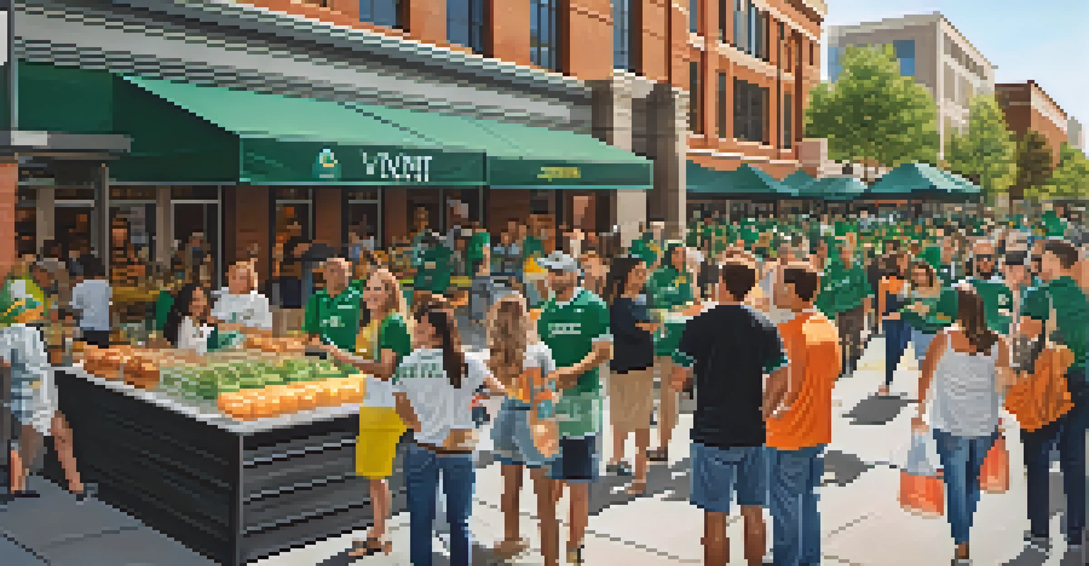 A busy street outside a sports arena with fans wearing jerseys, local vendors, and shops displaying merchandise.