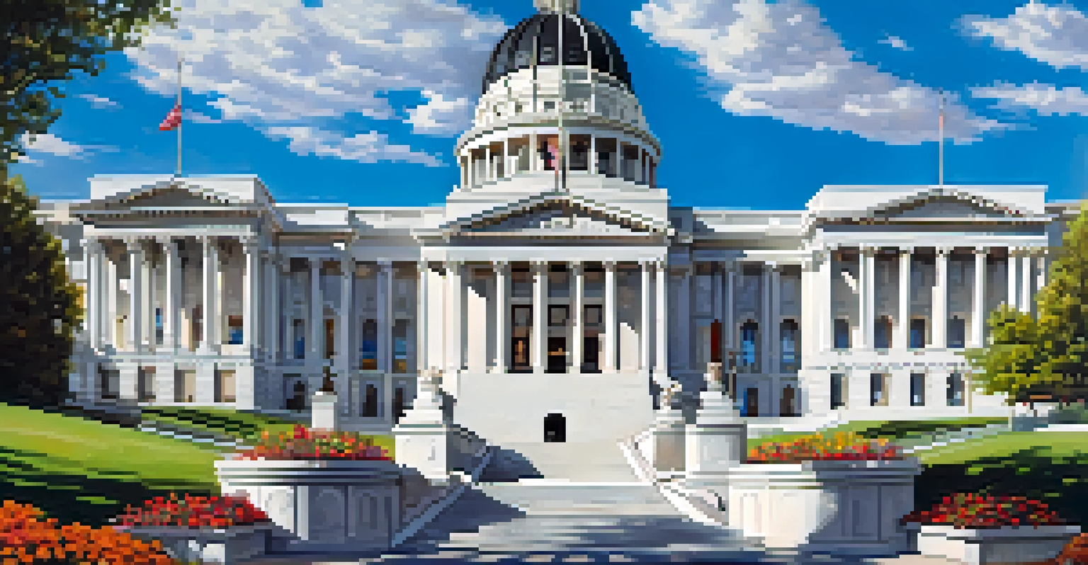 A clear day view of the Utah State Capitol building with its dome and surrounding gardens.