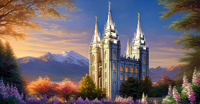A scenic sunrise view of the Salt Lake Temple with its spires and intricate details illuminated by golden light, surrounded by colorful flowers.