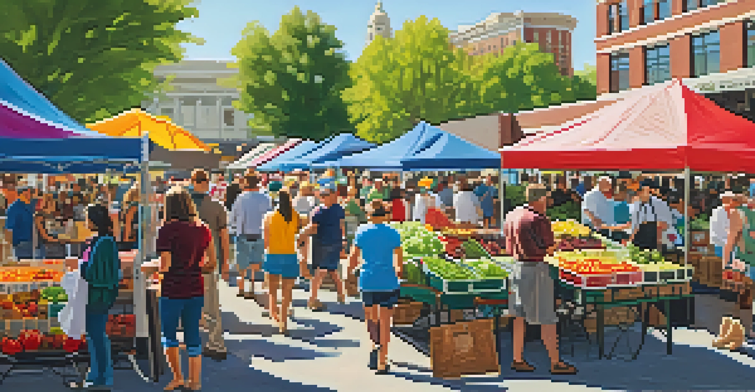 A lively farmers market in Salt Lake City with vendors and visitors.