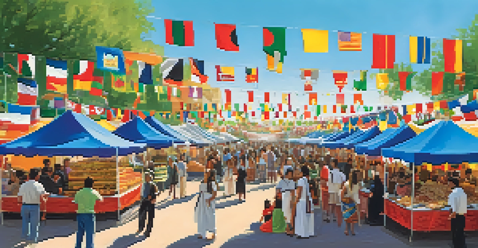 A vibrant festival scene with food booths serving international dishes, colorful flags, and cultural performances in the background.