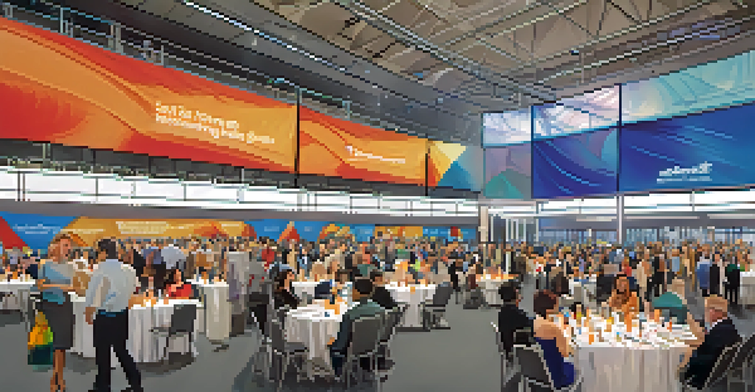 An interior view of the Salt Palace Convention Center during a corporate event with attendees networking and modern setups.