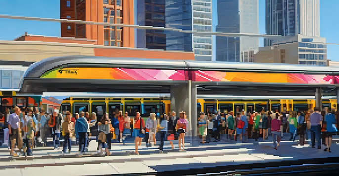 A busy TRAX light rail station in Salt Lake City with passengers boarding the train under bright sunlight, showcasing modern architecture and colorful event banners.