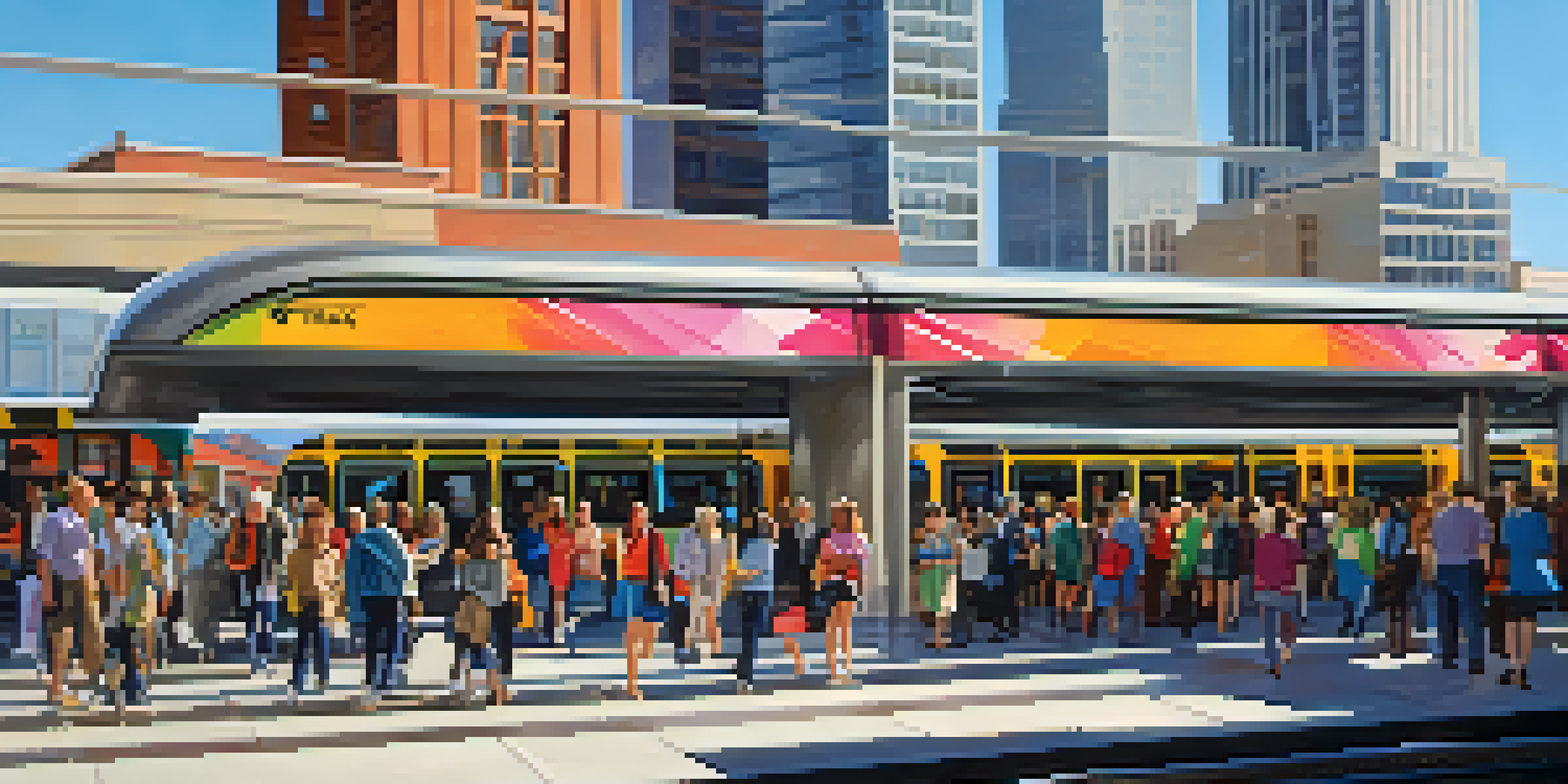 A busy TRAX light rail station in Salt Lake City with passengers boarding the train under bright sunlight, showcasing modern architecture and colorful event banners.