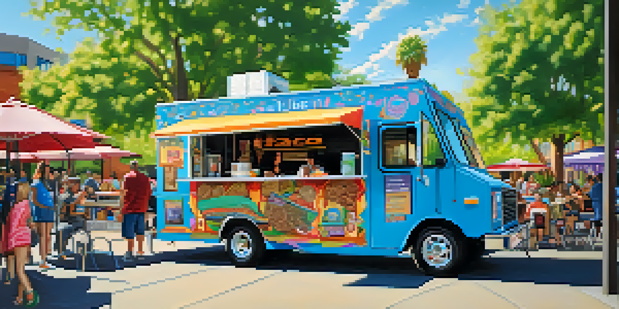 A lively food truck named 'The Taco Cart' in Salt Lake City, with customers enjoying colorful tacos in a sunny park.