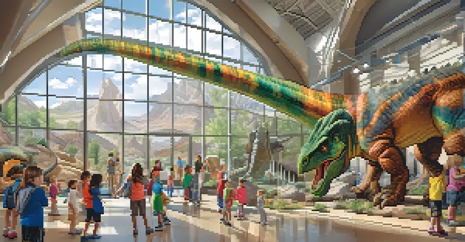 Children exploring exhibits at the Natural History Museum of Utah, surrounded by dinosaur displays.