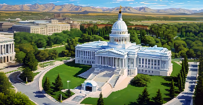 A wide view of the Utah State Capitol on Capitol Hill, featuring its dome and architectural details against a blue sky.
