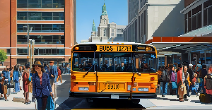 A busy bus station in Salt Lake City filled with diverse commuters and modern buses, set against a clear blue sky.
