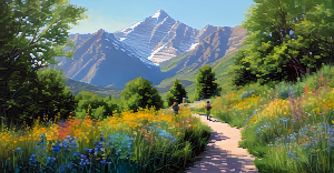 A group of friends hiking on a vibrant trail with mountains and wildflowers in the background, under a clear blue sky.