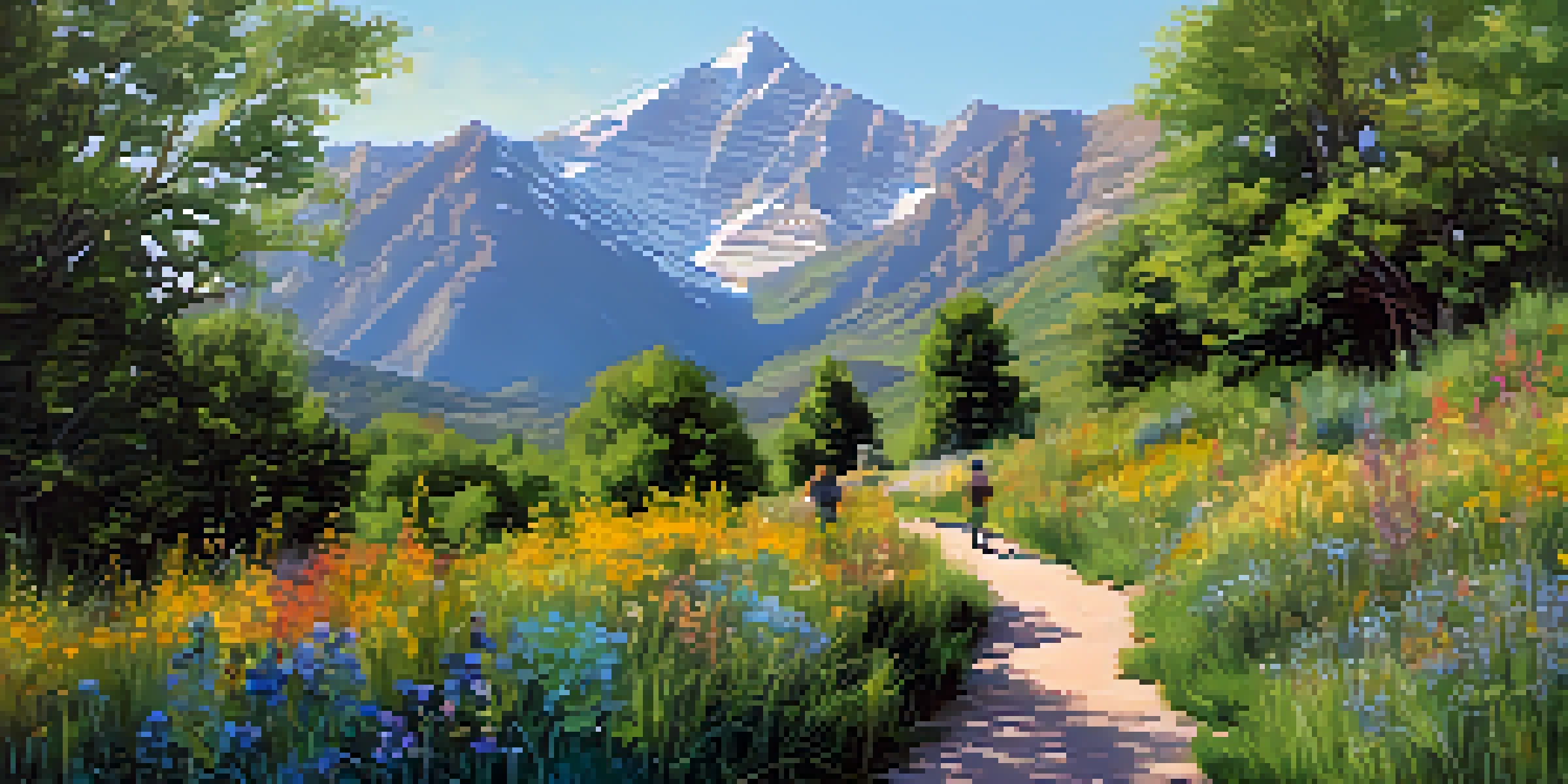 A group of friends hiking on a vibrant trail with mountains and wildflowers in the background, under a clear blue sky.