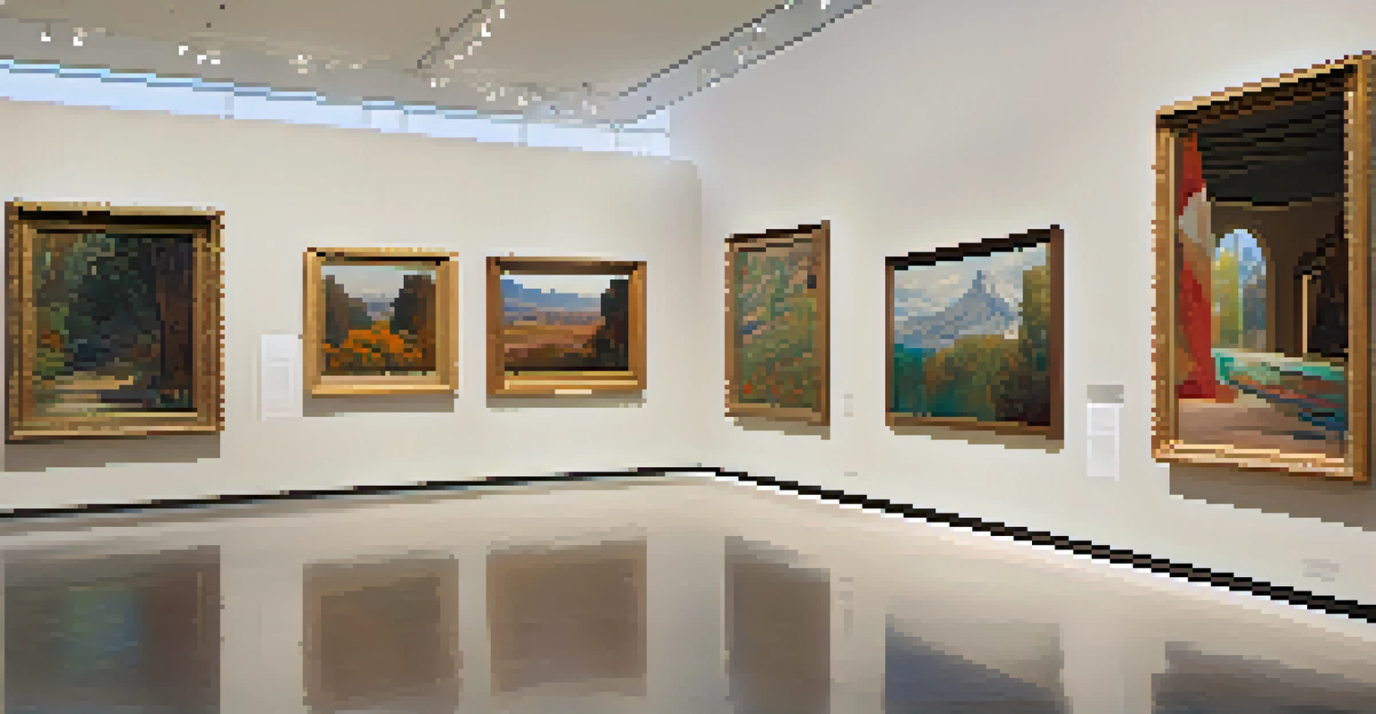 An interior view of a gallery at the Utah Museum of Fine Arts, showcasing a diverse collection of artworks under natural light.