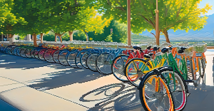 A picturesque scene of Salt Lake City featuring bikes at a bike-sharing station with mountains in the background.