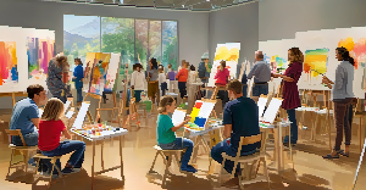 Children participating in an art-making workshop at the Utah Museum of Fine Arts, with parents observing and colorful art supplies around.