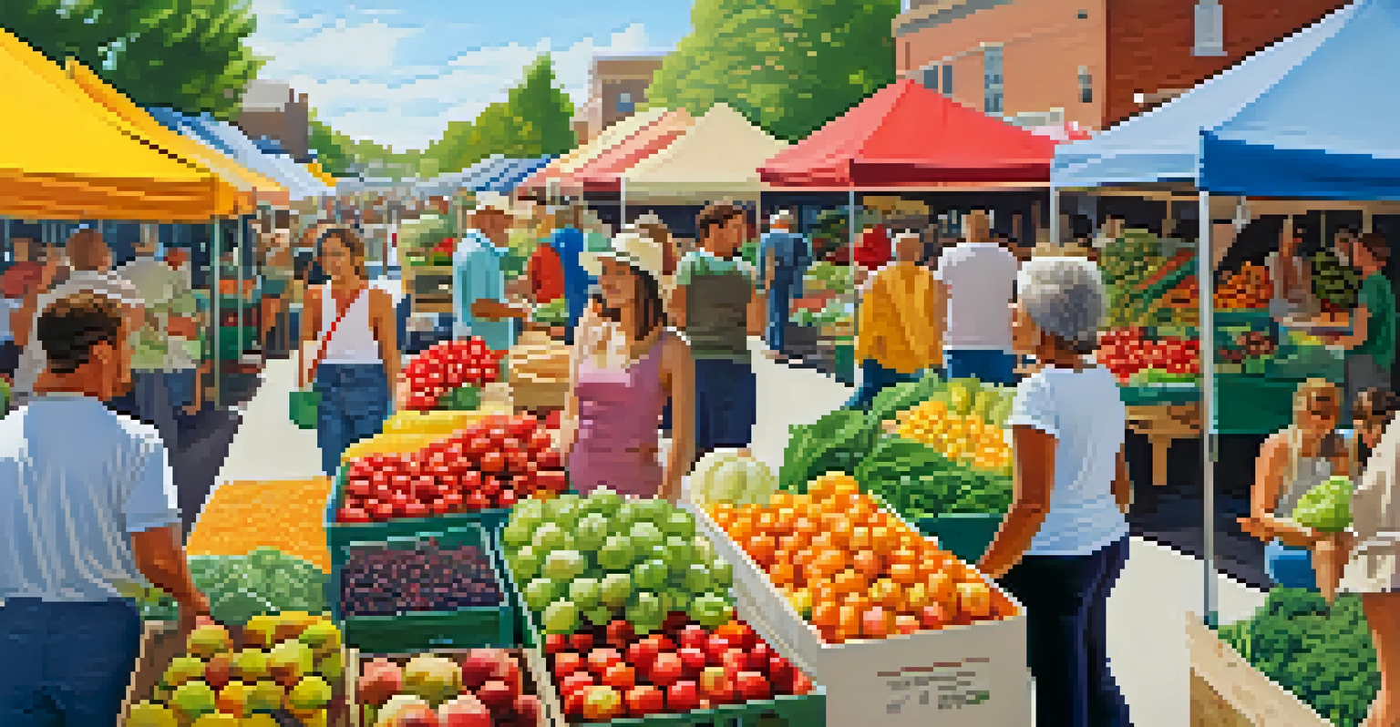 A lively farmers' market with colorful stalls of fresh produce and shoppers interacting with farmers.