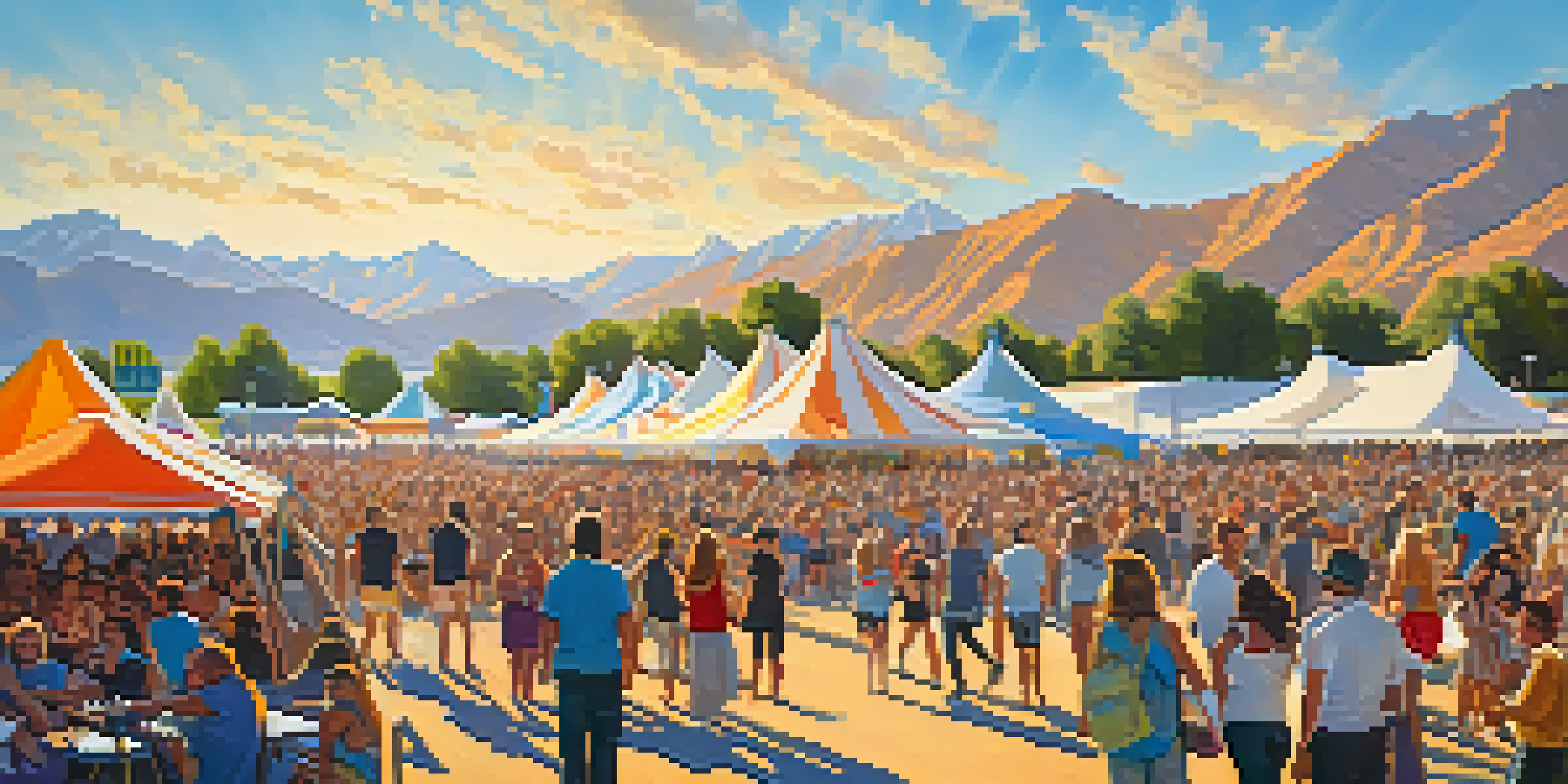 A lively outdoor music festival in Salt Lake City, with crowds enjoying performances, colorful tents, and food vendors, set against a backdrop of mountains and a clear blue sky.