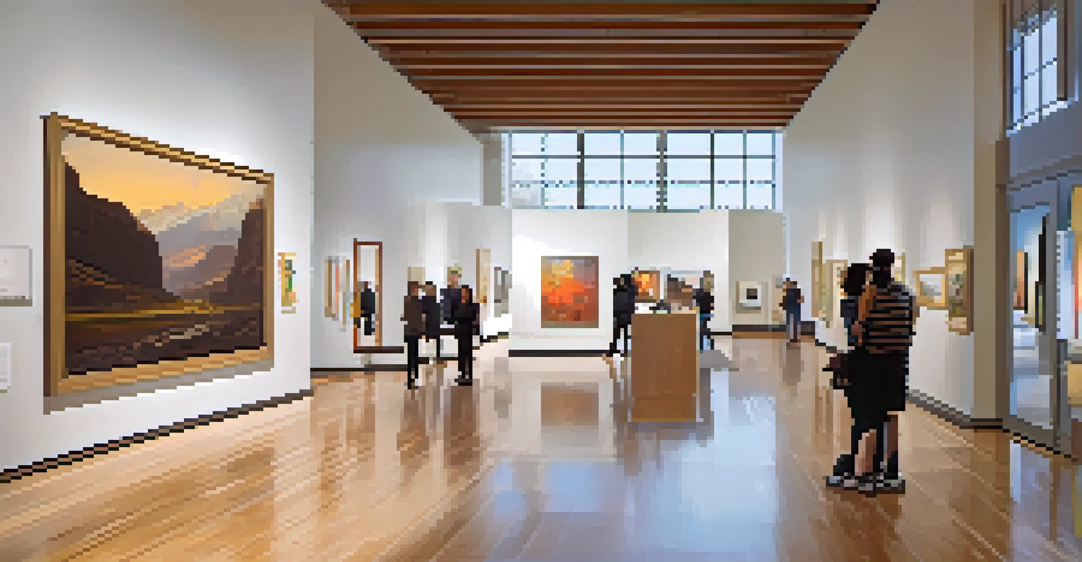 Interior view of the Utah Museum of Fine Arts, showcasing contemporary artworks and visitors interacting in a bright, spacious gallery.