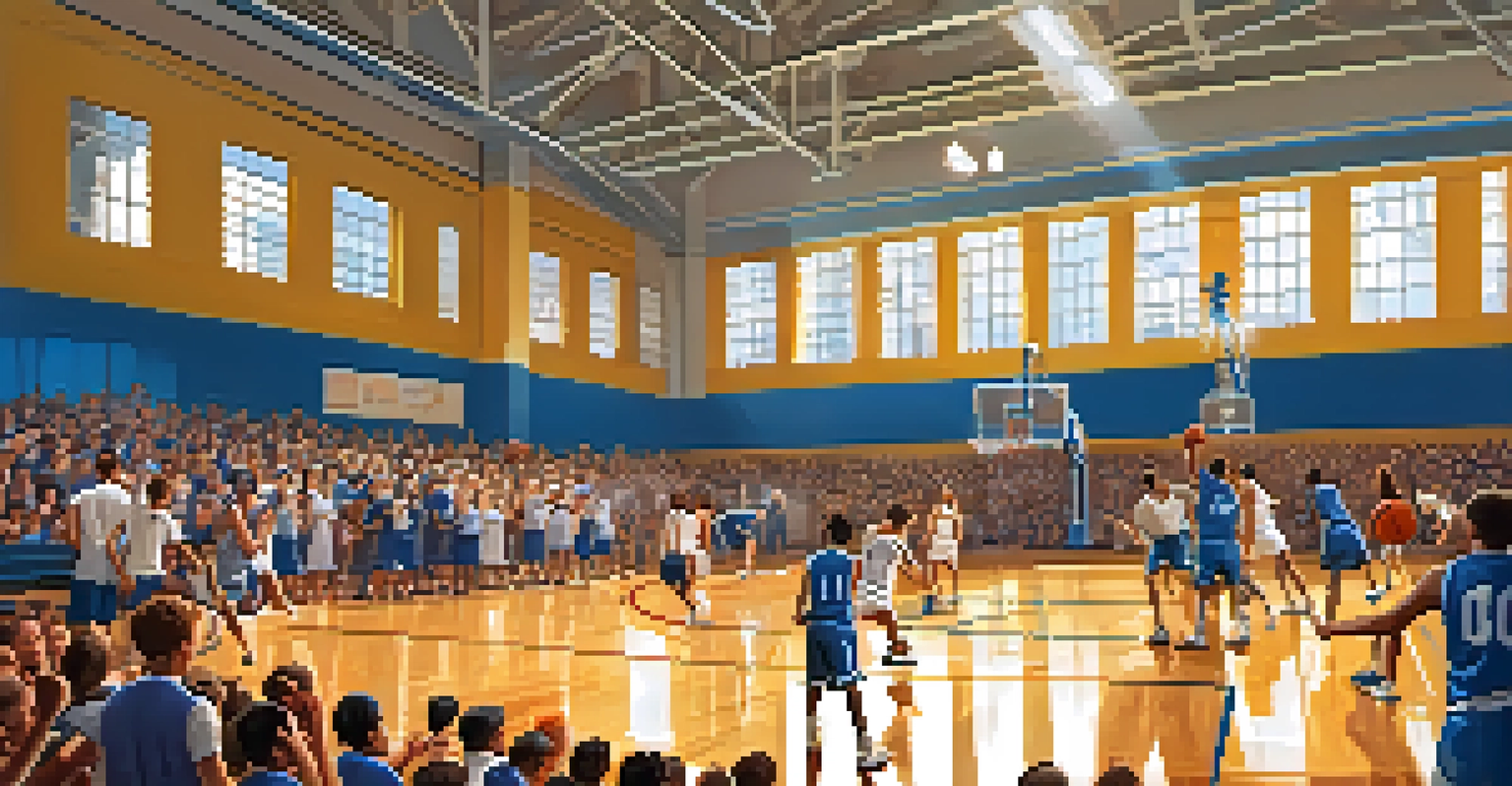A high-energy basketball game in a school gym, showing students in action and cheering spectators, highlighting school spirit.