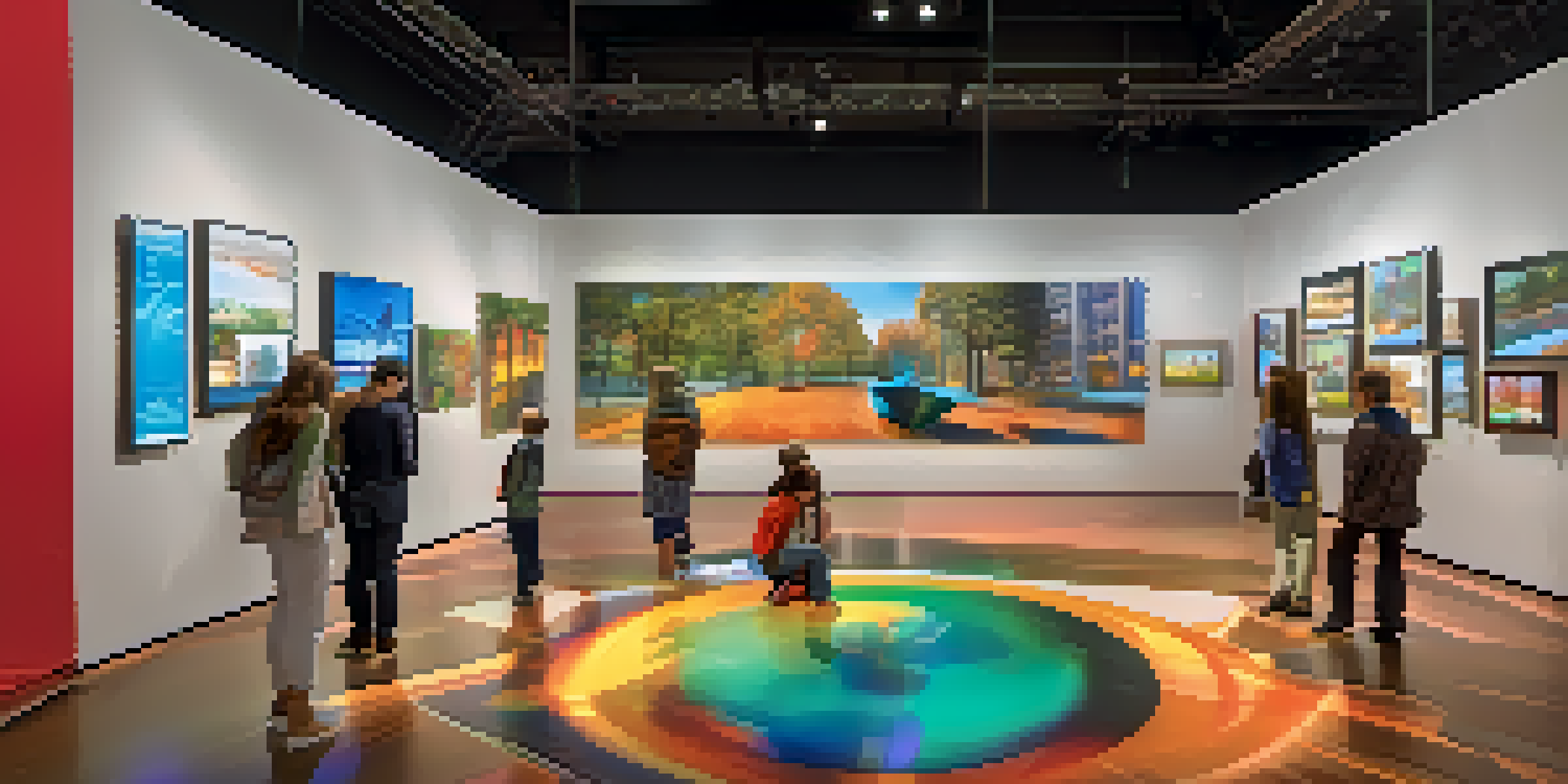 An interior view of The Leonardo Museum with visitors interacting with digital exhibits, colorful lighting, and modern architecture.