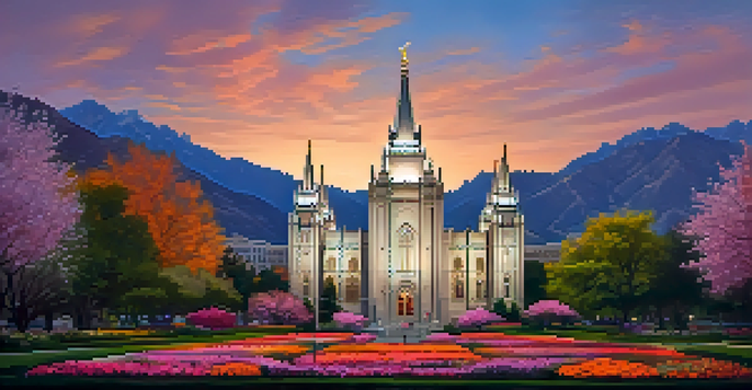 A sunset view of Temple Square in Salt Lake City, featuring the Salt Lake Temple and colorful gardens.