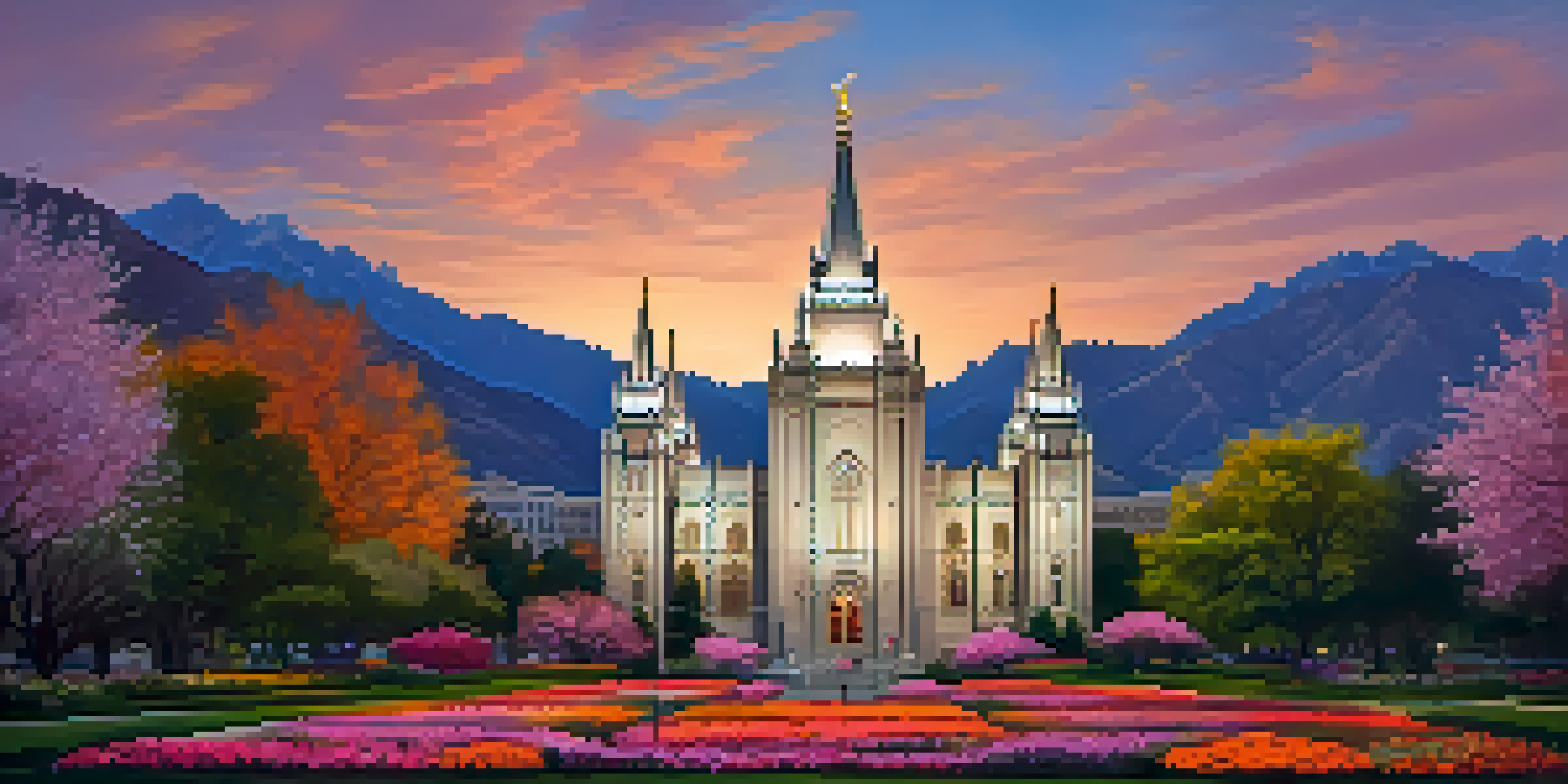 A sunset view of Temple Square in Salt Lake City, featuring the Salt Lake Temple and colorful gardens.