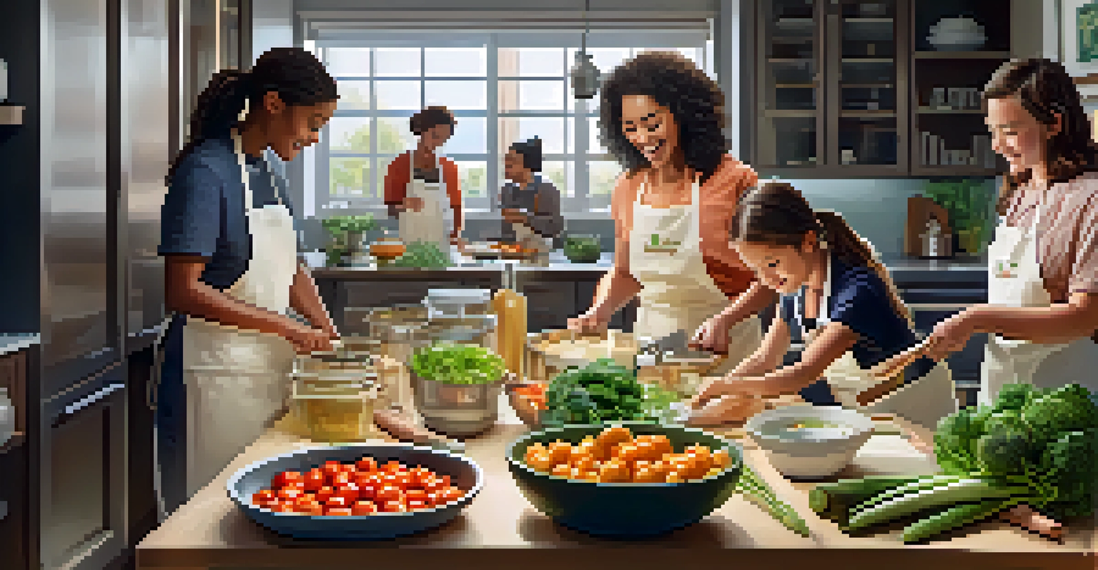 Participants of various ages learning to cook in a modern kitchen, surrounded by fresh ingredients and cooking tools.