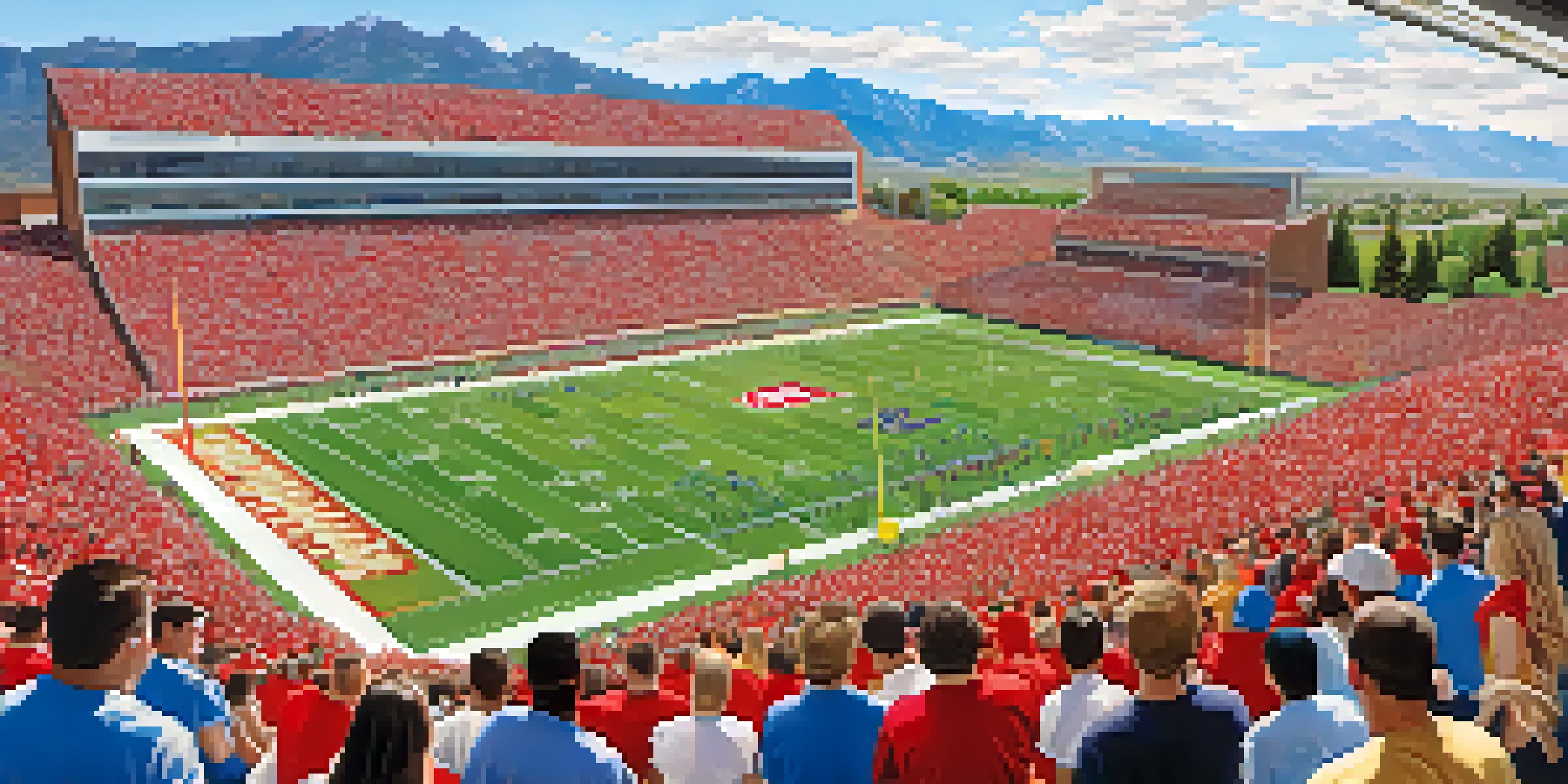 A lively university football game scene in Salt Lake City, with fans in red and white cheering in a packed stadium against a backdrop of mountains and a clear sky.