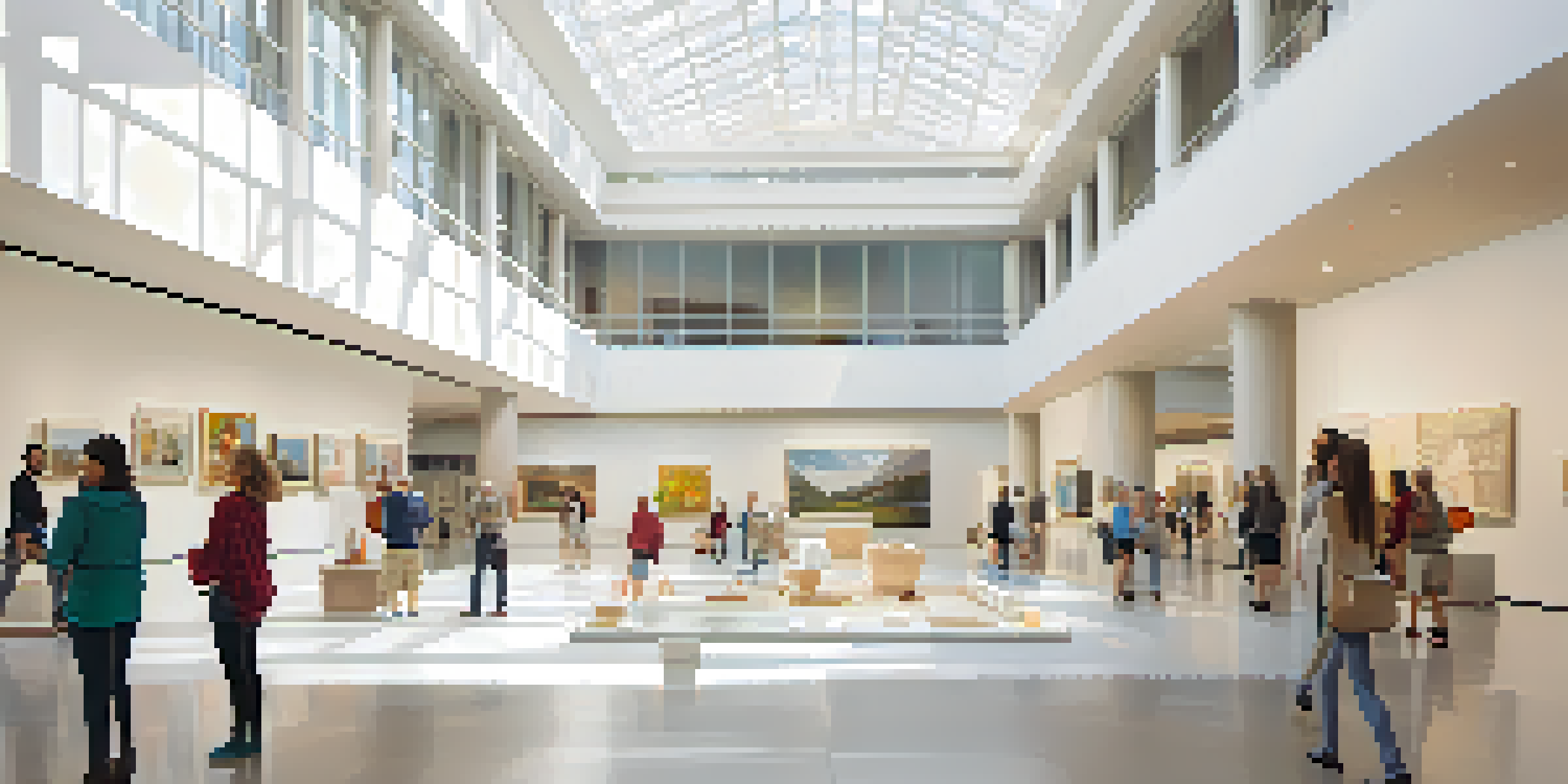 Interior view of the BYU Museum of Art, featuring a spacious atrium filled with natural light and visitors admiring contemporary art pieces.
