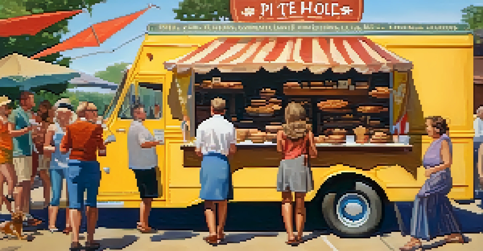 A picturesque food truck named 'The Pie Hole' displaying delicious pies at a vibrant local event.