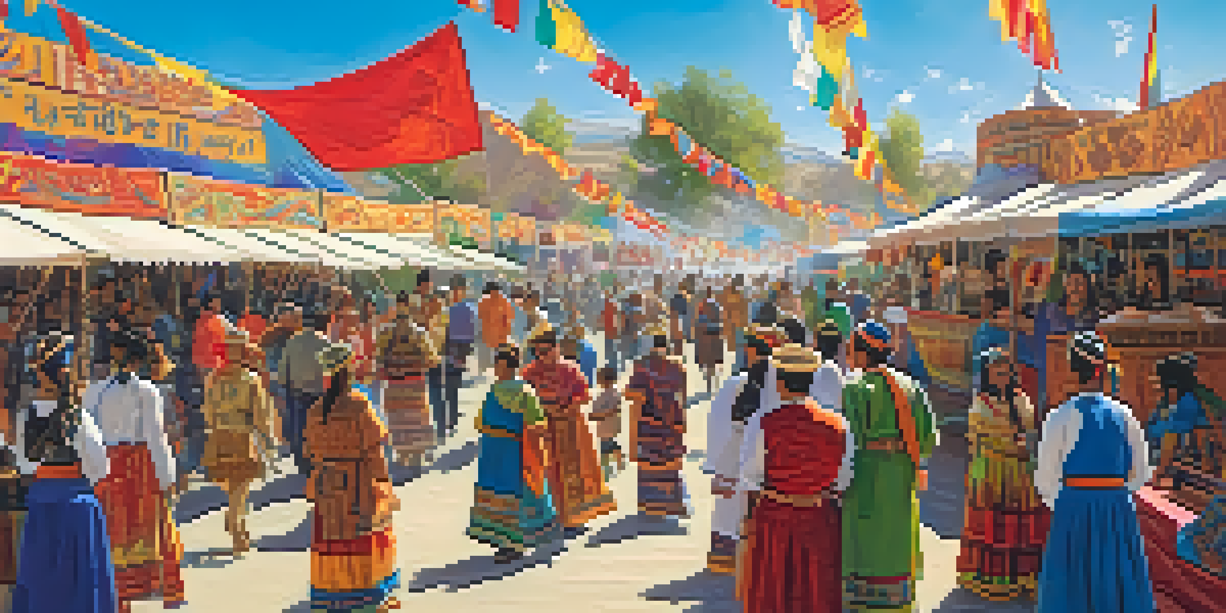 A lively cultural festival with people in traditional attire, colorful banners, and food stalls under a sunny sky.