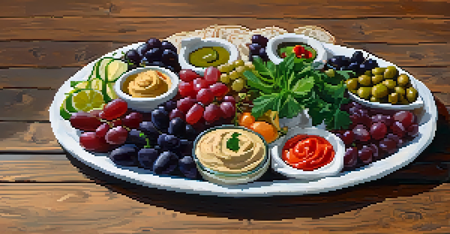 A colorful Mediterranean mezze platter with hummus, stuffed grape leaves, and fresh vegetables on a wooden table.