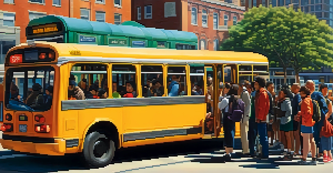 A crowded bus stop with diverse individuals waiting for a bus, showcasing bright sunlight and city buildings.